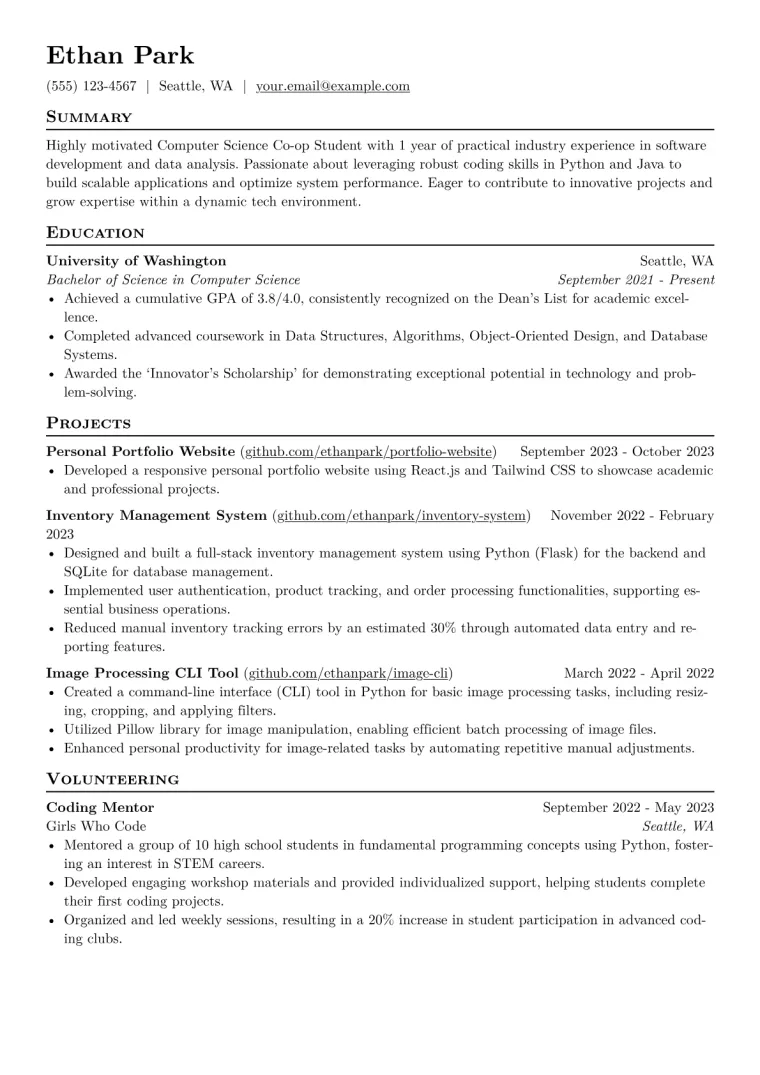Co-op Student Resume Example CV template preview