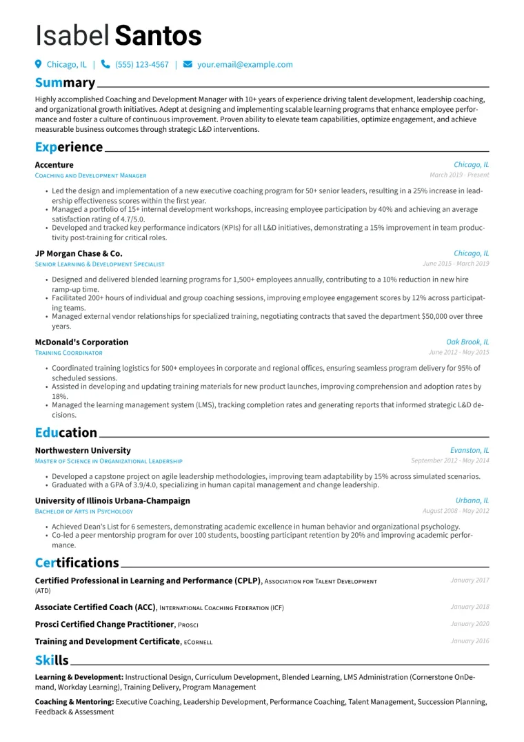 Coaching and Development Manager Resume Example CV template preview