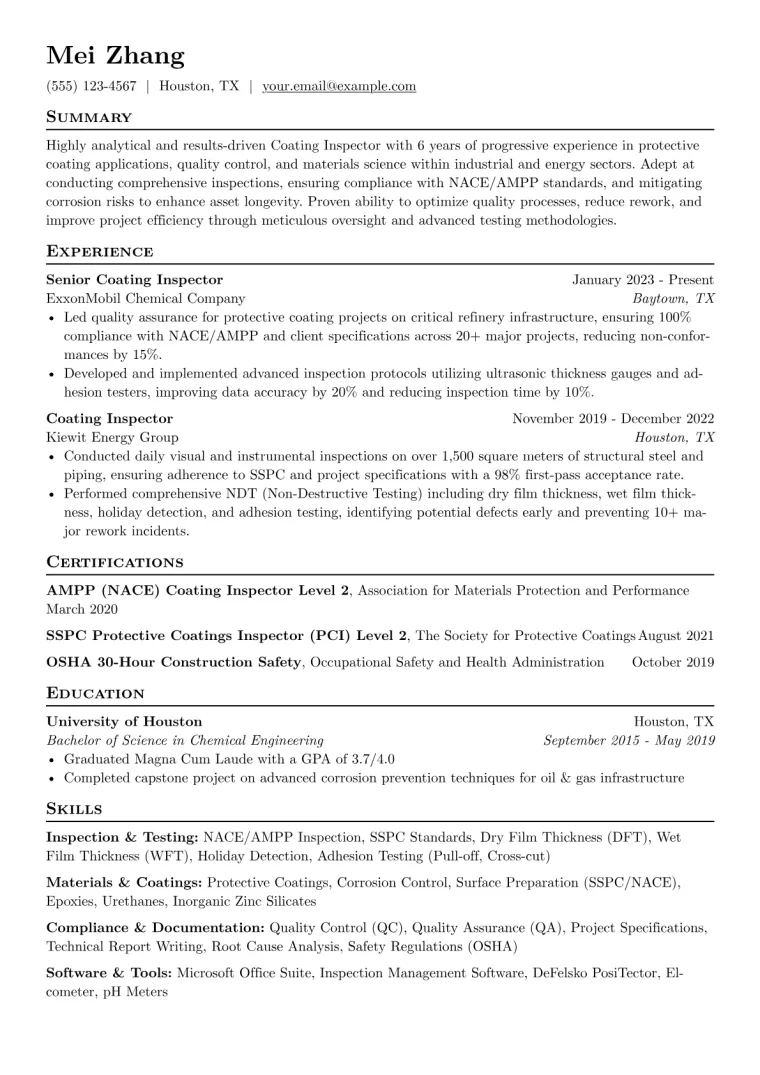 Coating Inspector Resume Example preview
