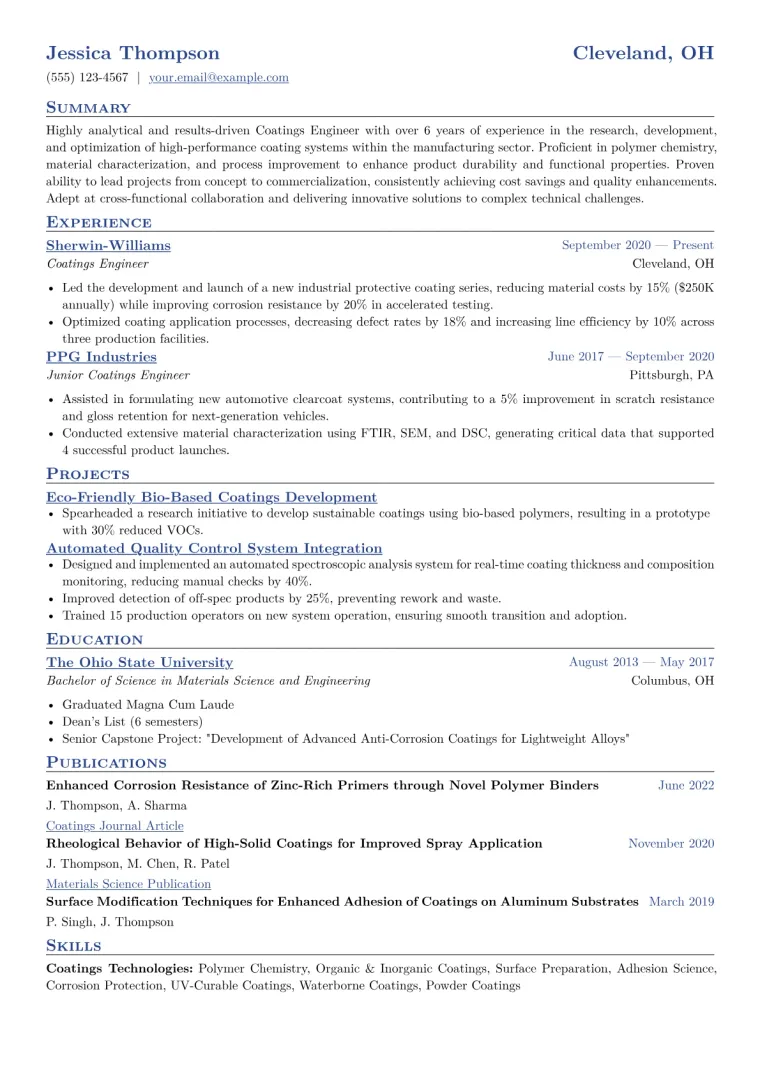 Coatings Engineer Resume Example CV template preview