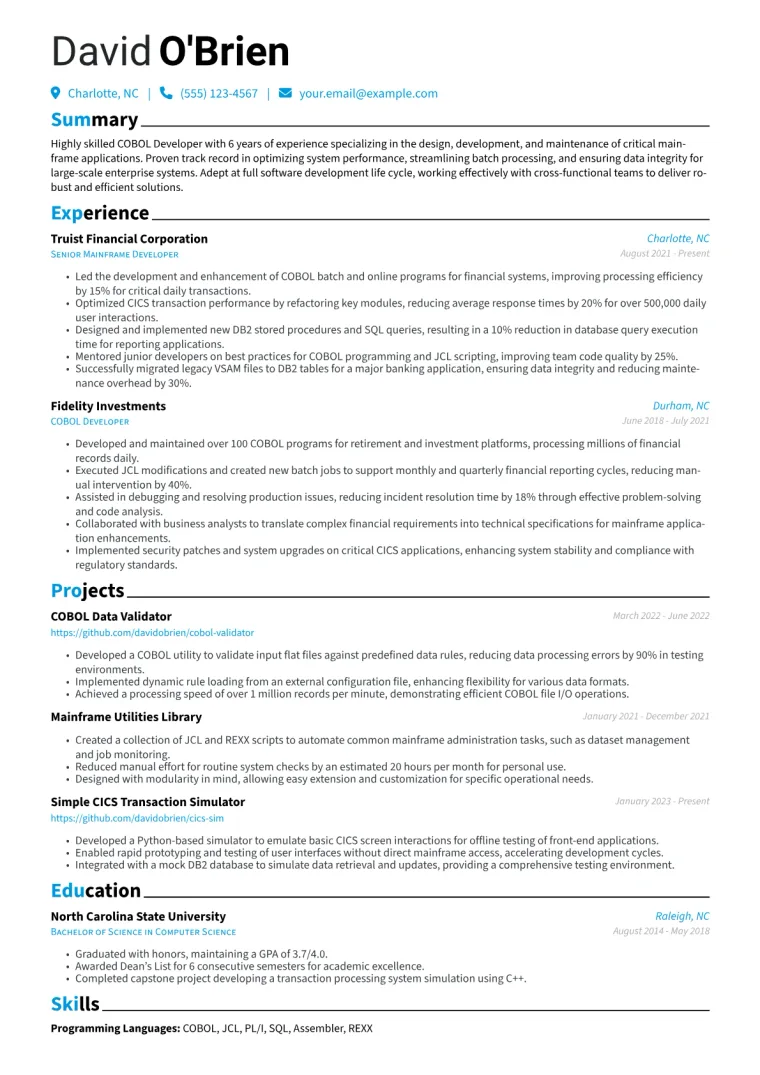 COBOL Developer Resume Example CV template preview