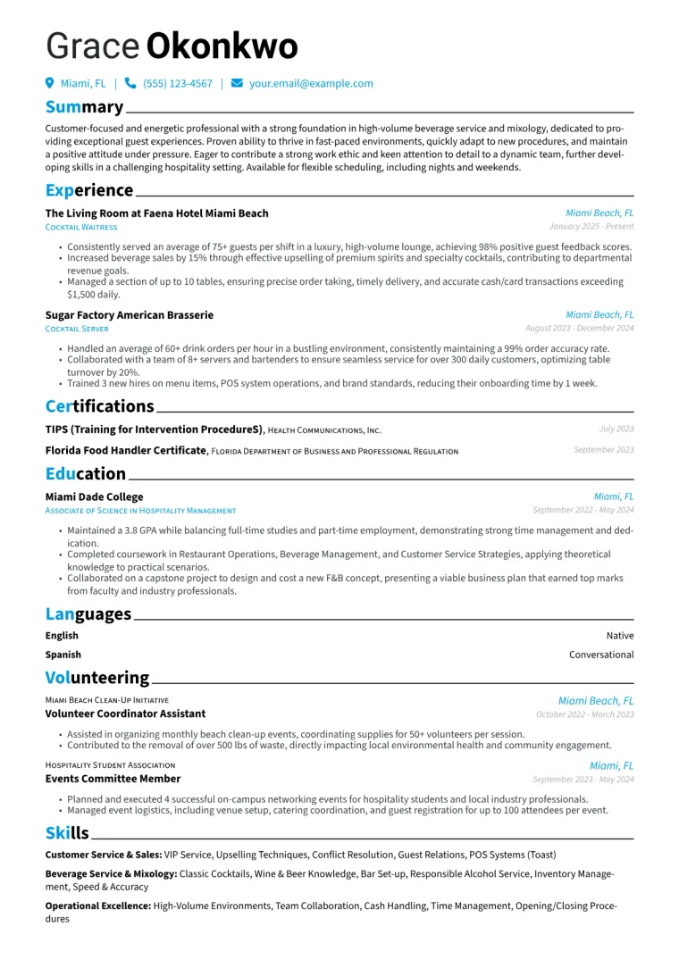 Cocktail Waitress Resume Example CV template preview