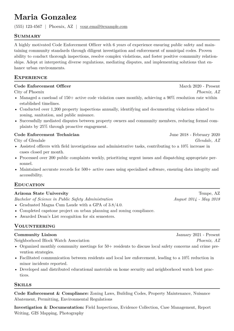 Code Enforcement Officer Resume Example CV template preview