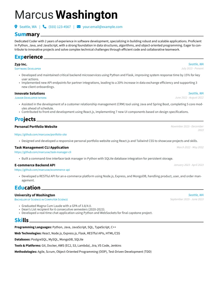 Coder Resume Example CV template preview