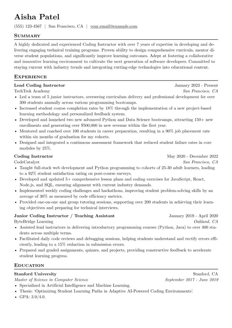 Coding Instructor Resume Example preview