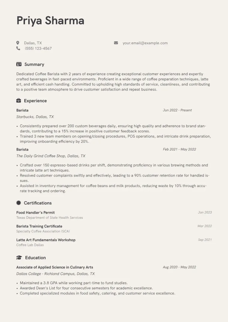 Coffee Barista Resume Example CV template preview