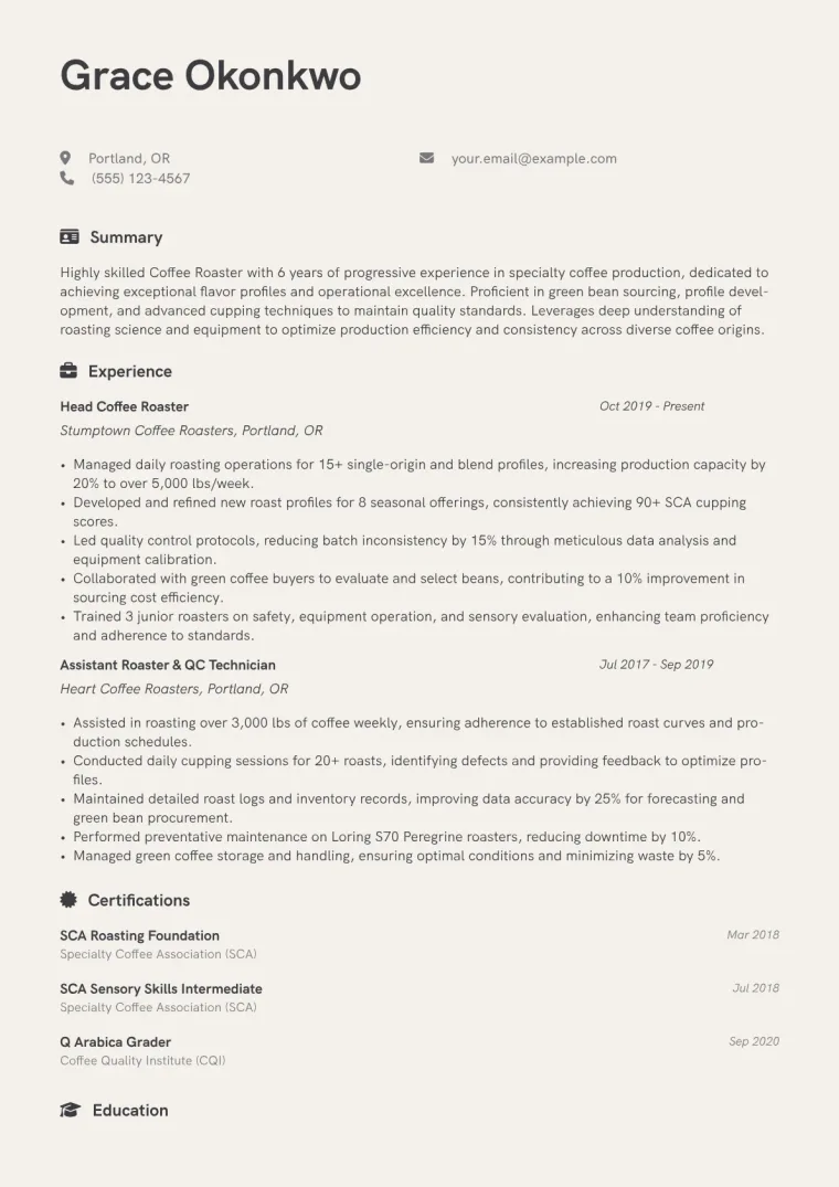 Coffee Roaster Resume Example CV template preview