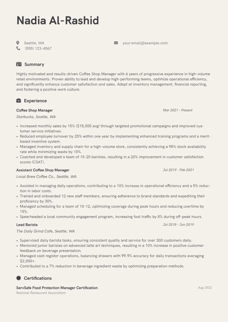 Coffee Shop Manager Resume Example CV template preview