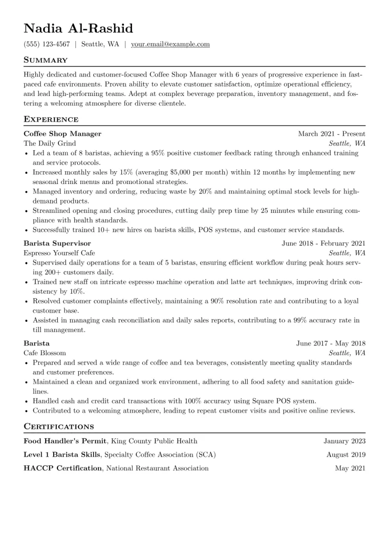 Coffee Shop Resume Example CV template preview