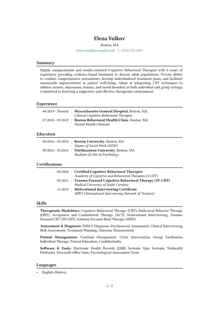 Cognitive Behavioral Therapist Resume Example CV template preview