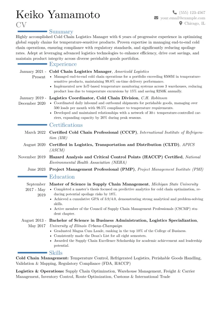 Cold Chain Logistics Manager Resume Example CV template preview