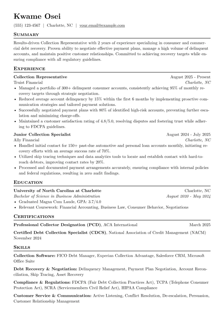 Collection Representative Resume Example CV template preview