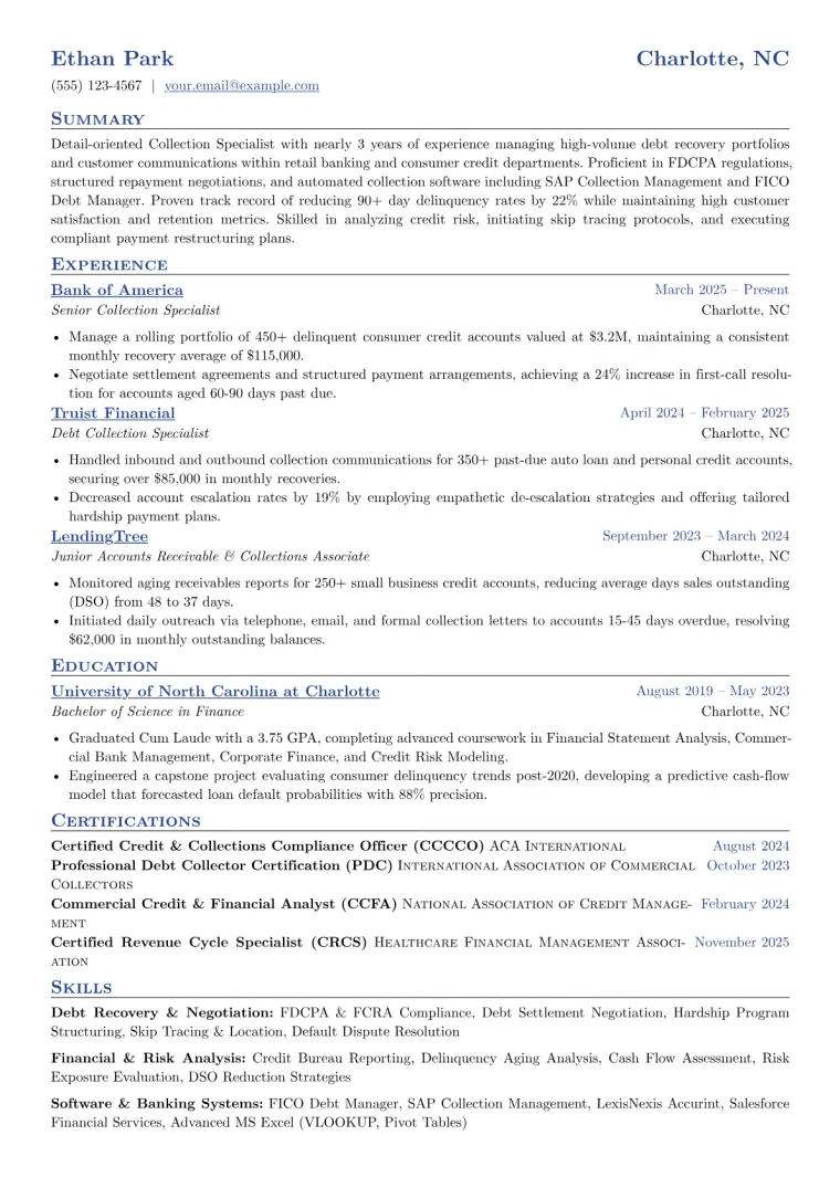 Collection Specialist Resume Example preview