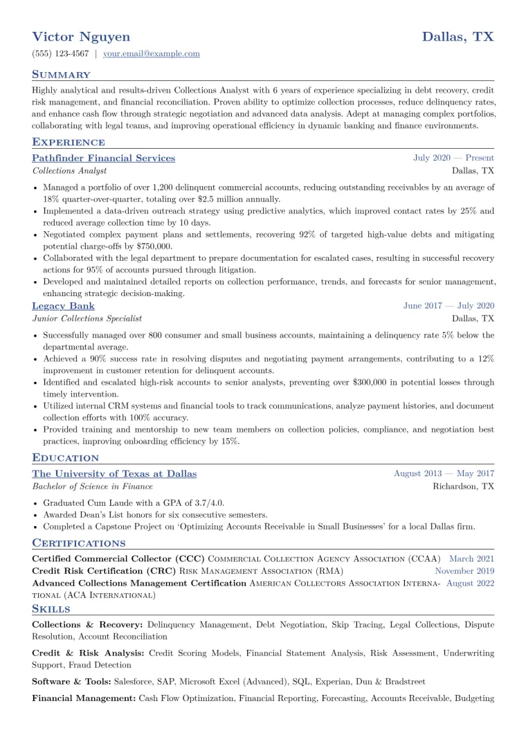 Collections Analyst Resume Example CV template preview