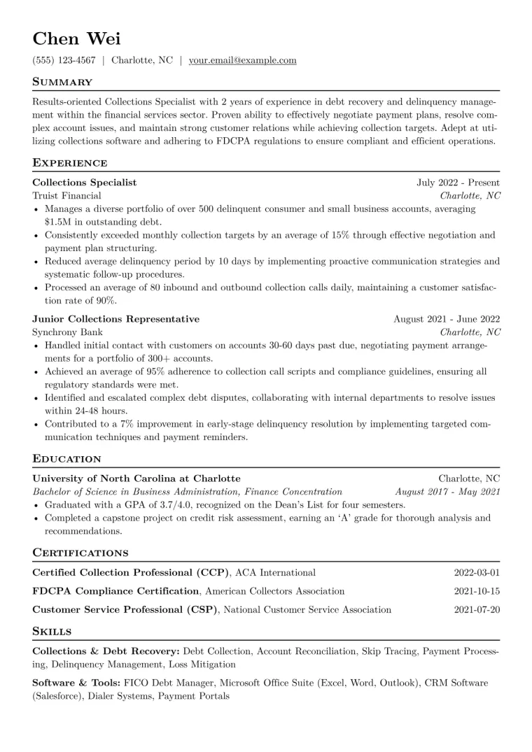 Collections Specialist Resume Example CV template preview
