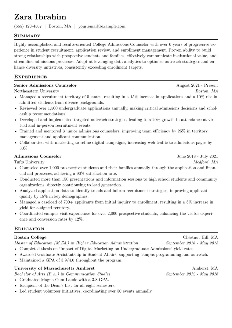 College Admissions Counselor Resume Example CV template preview