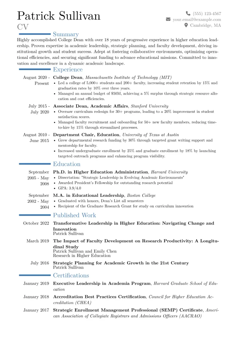 College Dean Resume Example CV template preview