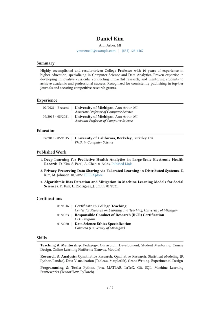 College Professor Resume Example CV template preview