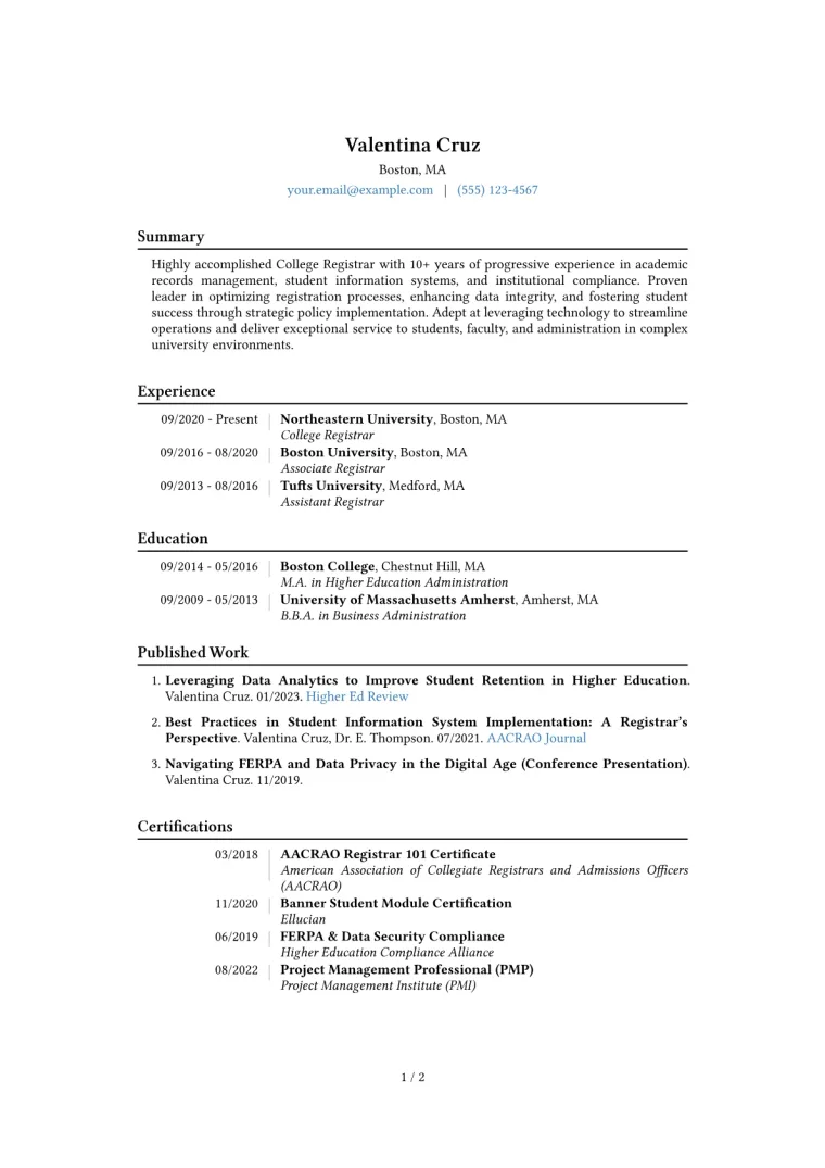 College Registrar Resume Example CV template preview