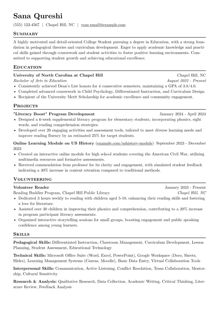 College Student Resume Example CV template preview