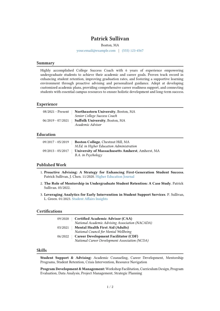 College Success Coach Resume Example CV template preview