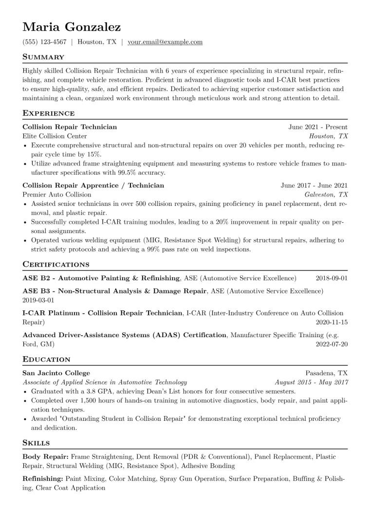 Collision Repair Technician Resume Example CV template preview