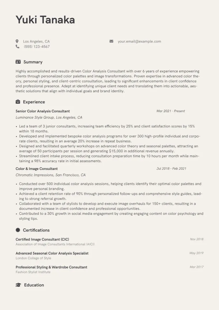 Color Analysis Consultant Resume Example CV template preview