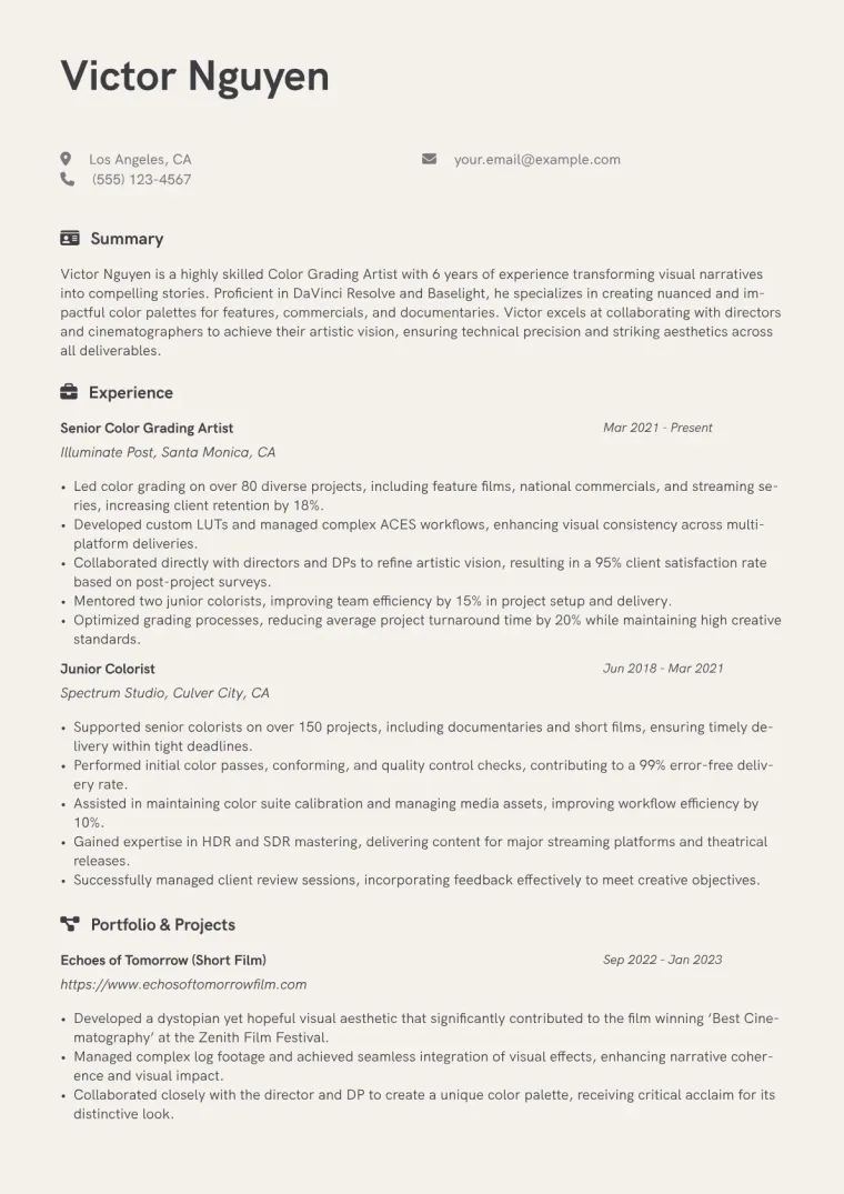Color Grading Artist Resume Example CV template preview