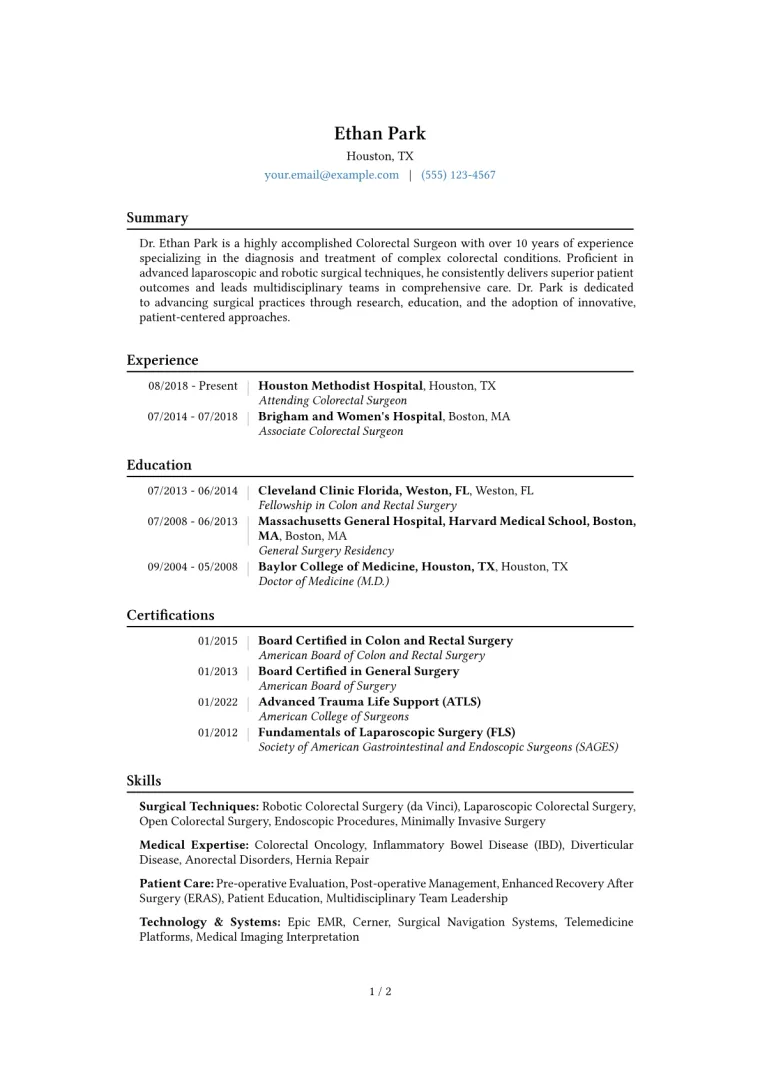 Colorectal Surgeon Resume Example CV template preview