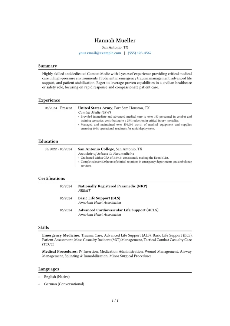 Combat Medic Resume Example CV template preview