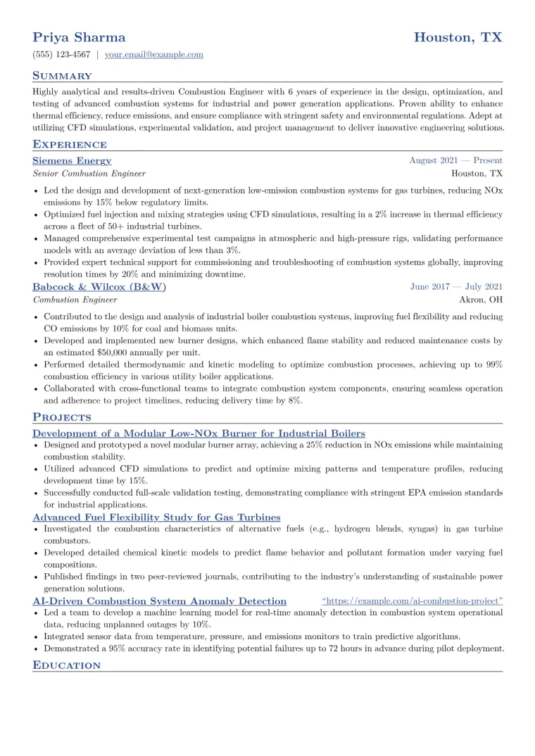 Combustion Engineer Resume Example CV template preview