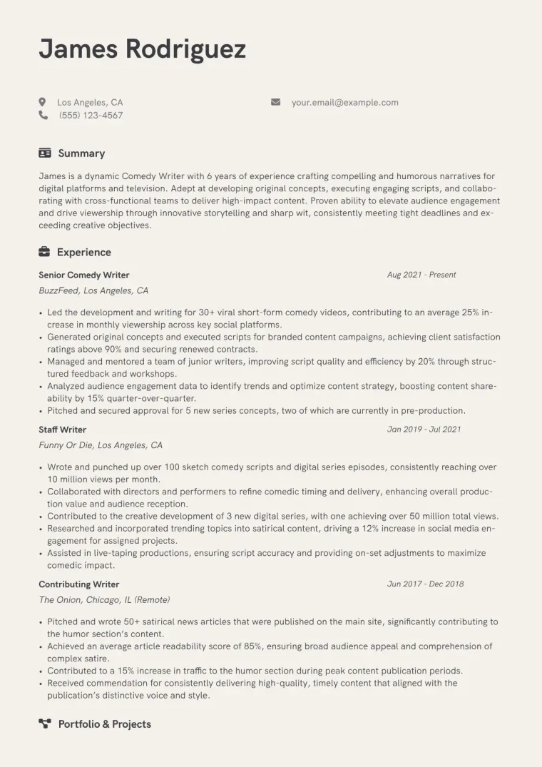 Comedy Writer Resume Example CV template preview