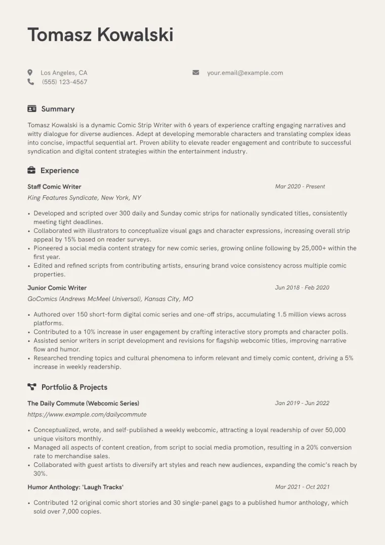 Comic Strip Writer Resume Example CV template preview