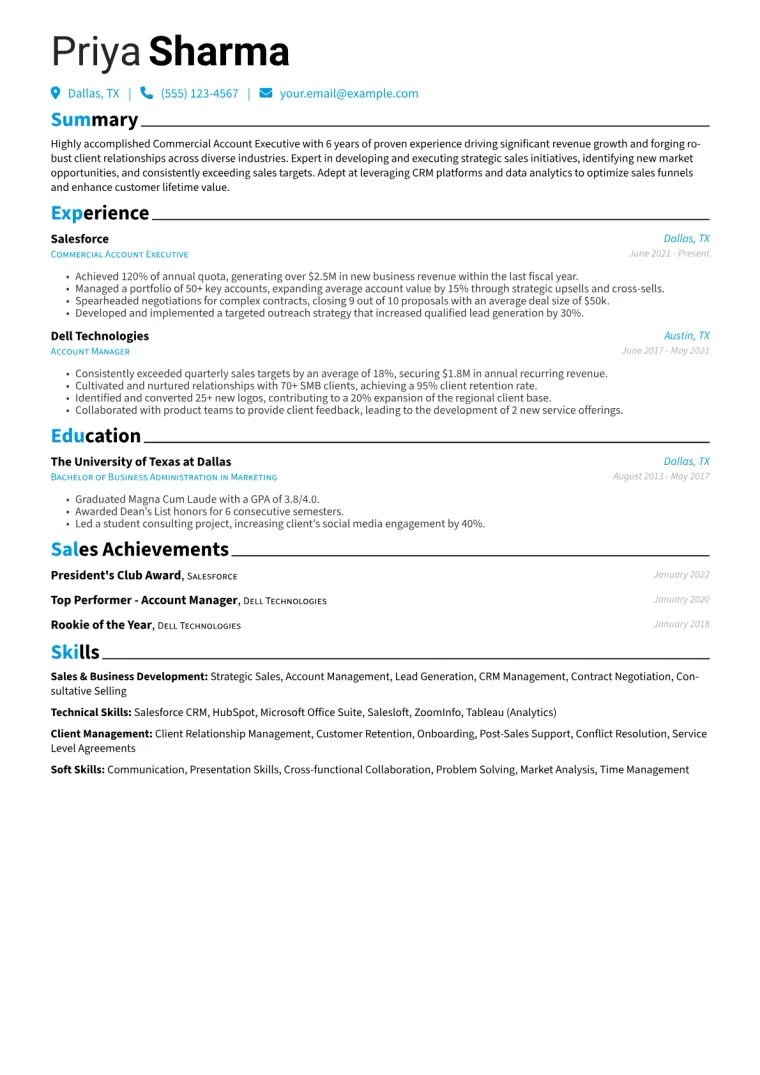 Commercial Account Executive Resume Example CV template preview