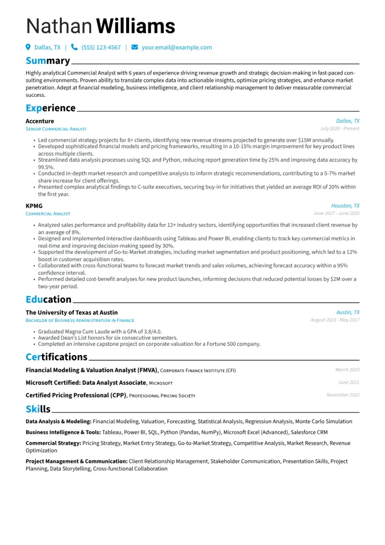 Commercial Analyst Resume Example CV template preview
