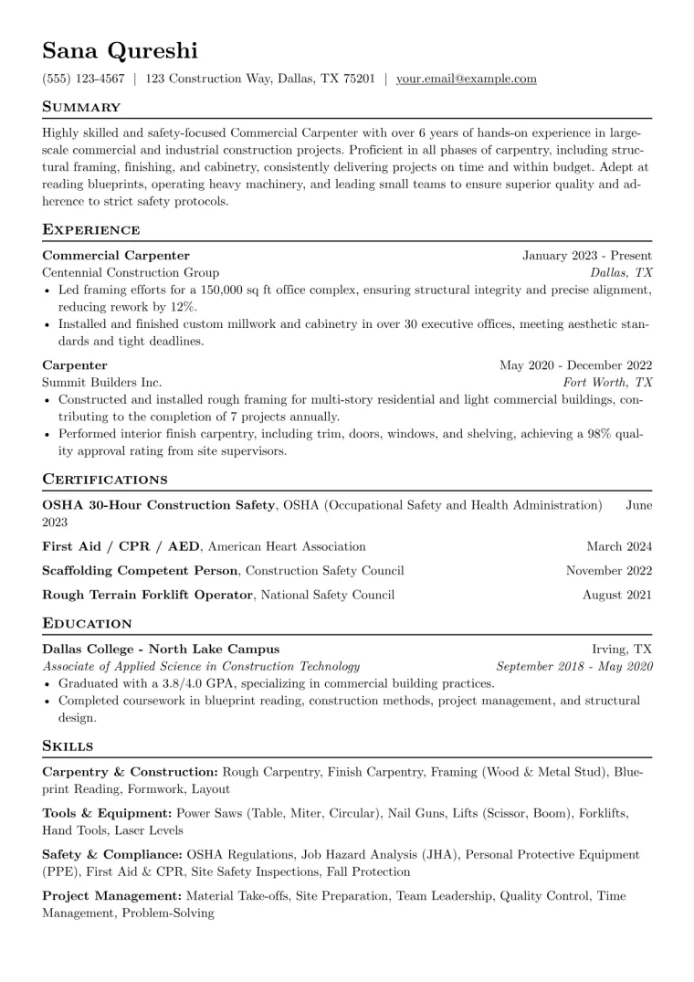 Commercial Carpenter Resume Example CV template preview