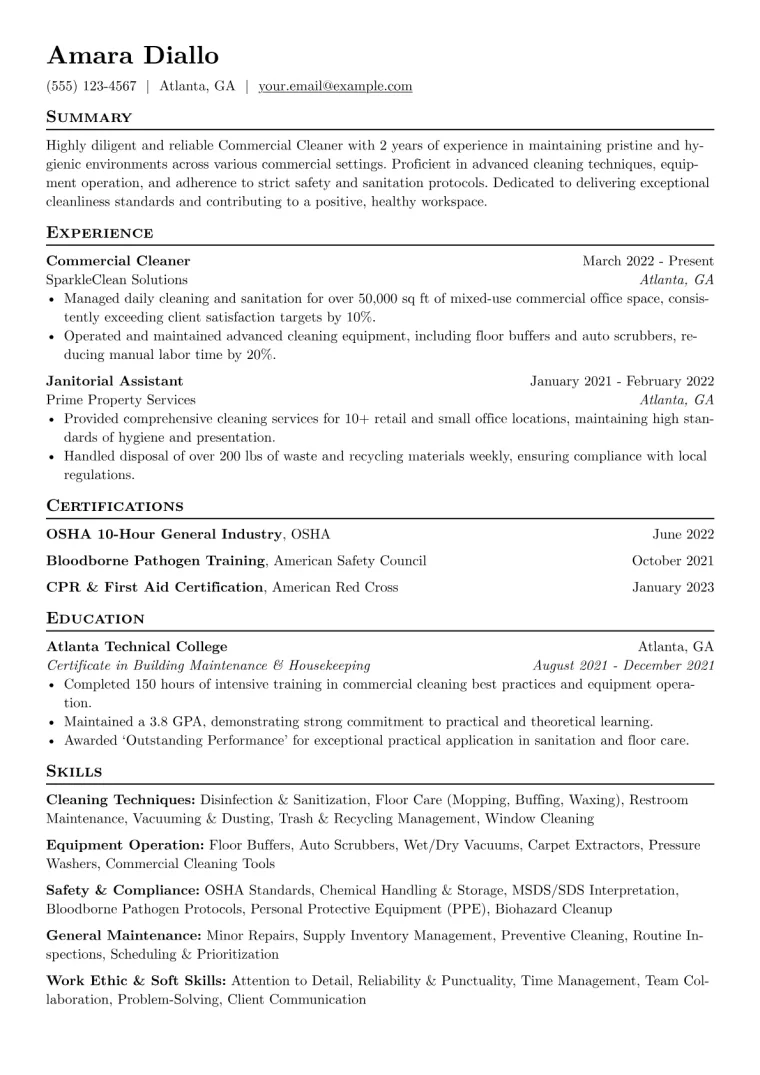 Commercial Cleaner Resume Example CV template preview