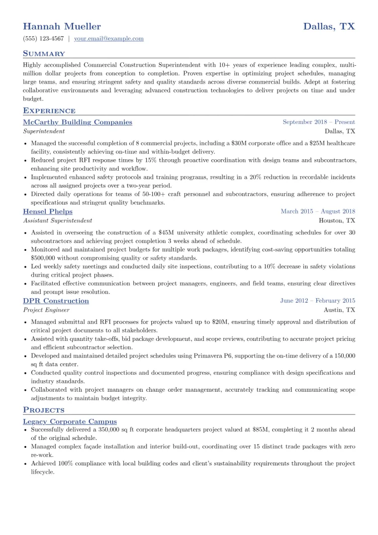 Commercial Construction Superintendent Resume Example CV template preview
