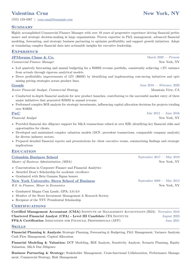 Commercial Finance Manager Resume Example CV template preview