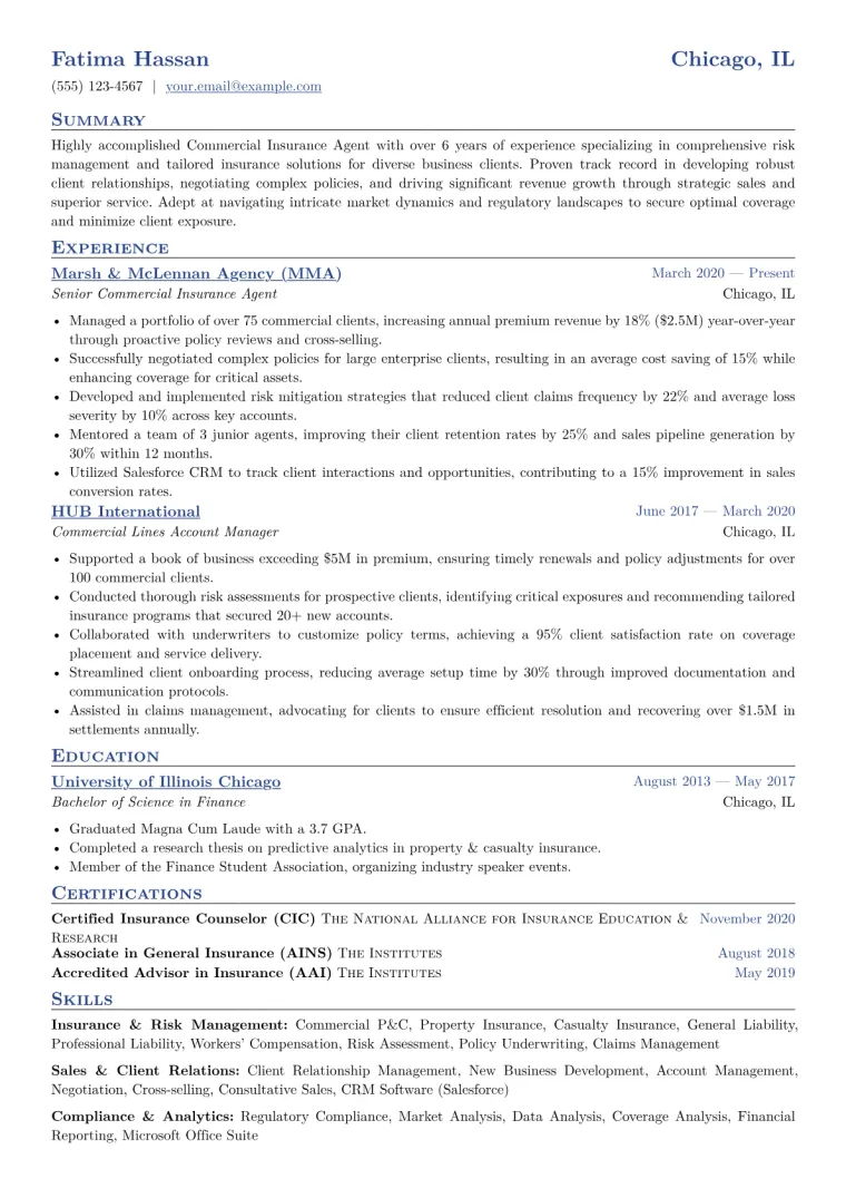 Commercial Insurance Agent Resume Example CV template preview