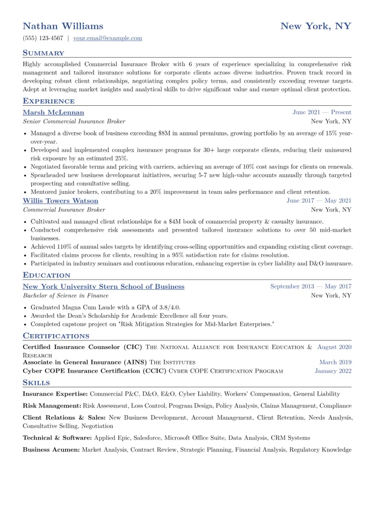 Commercial Insurance Broker Resume Example CV template preview