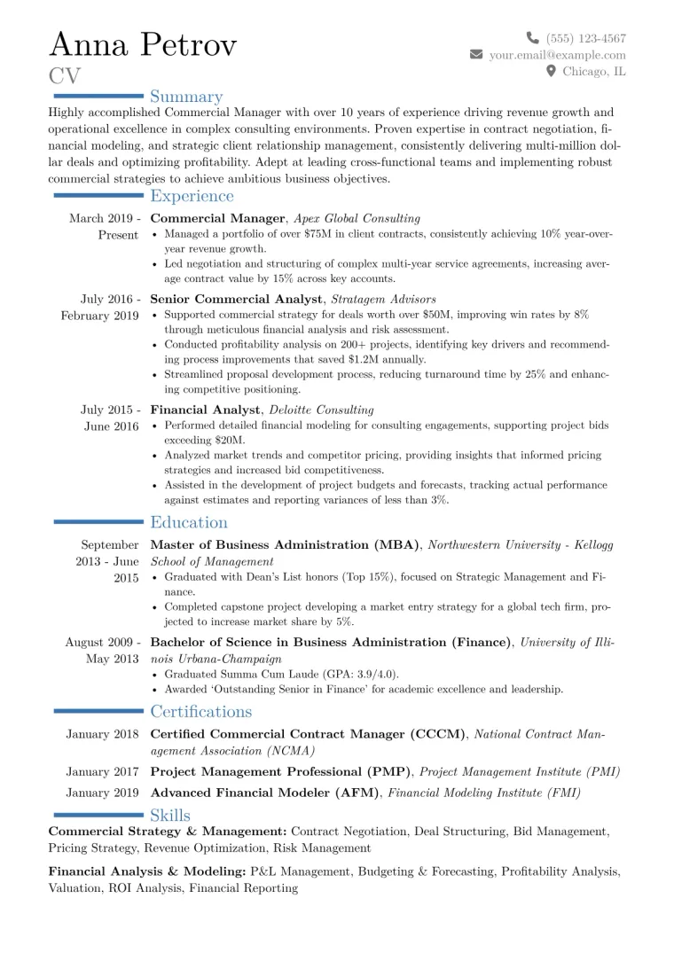Commercial Manager Resume Example CV template preview