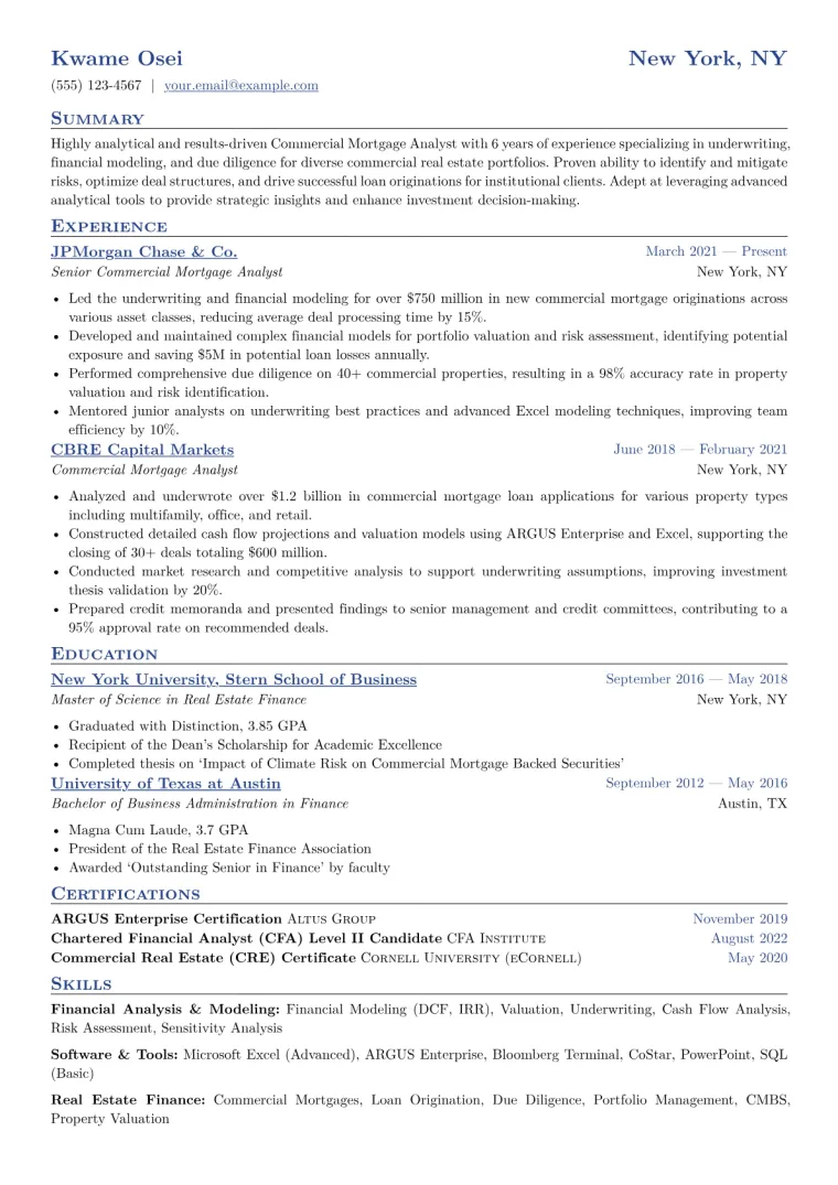 Commercial Mortgage Analyst Resume Example CV template preview
