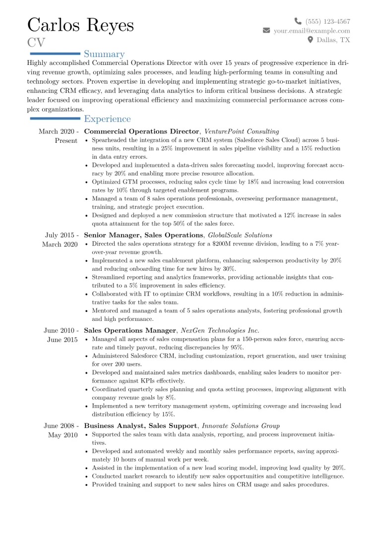 Commercial Operations Director Resume Example CV template preview