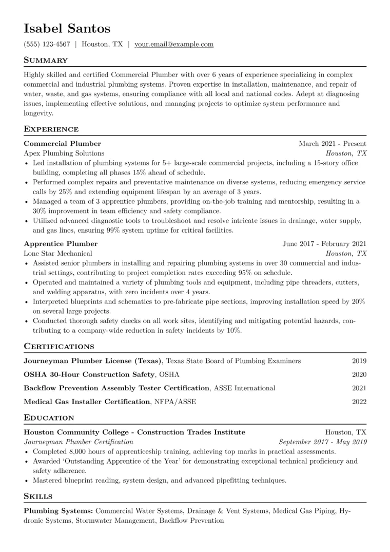 Commercial Plumber Resume Example CV template preview