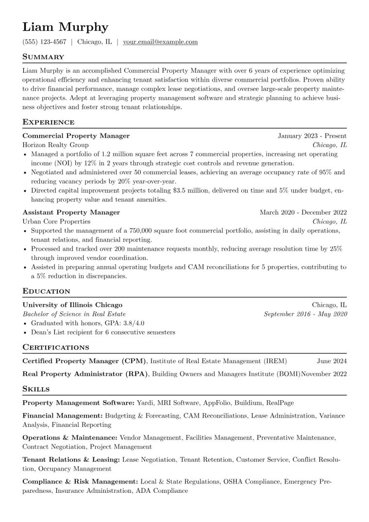 Commercial Property Manager Resume Example CV template preview