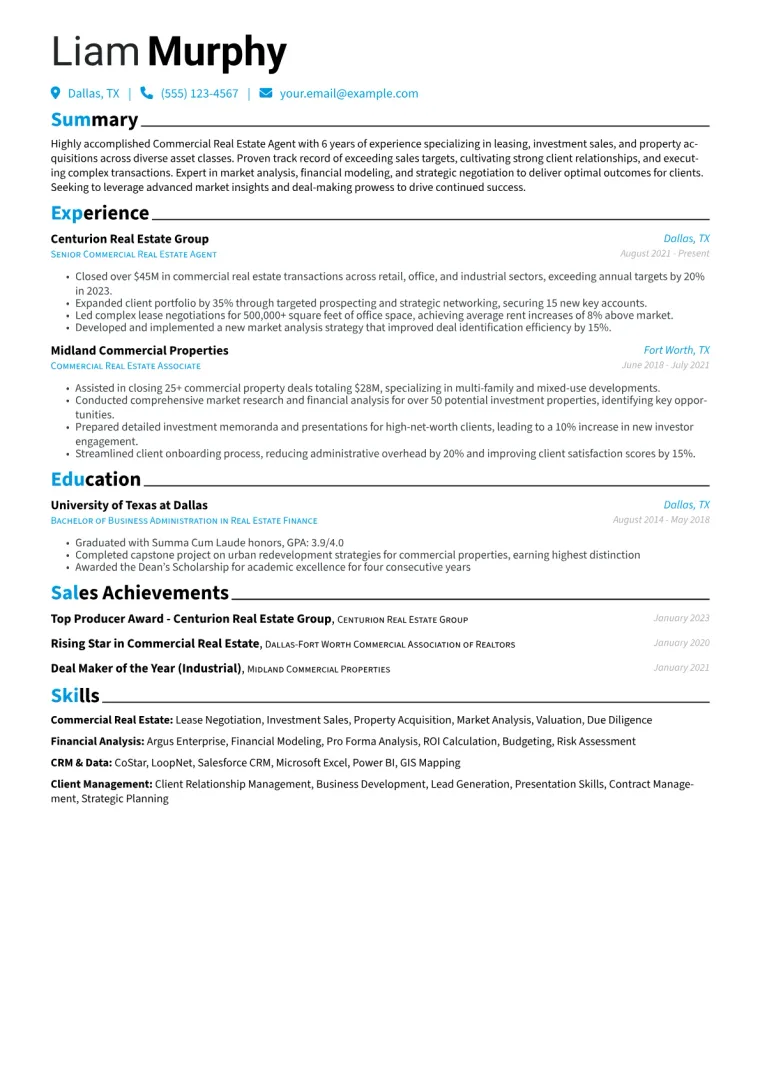 Commercial Real Estate Agent Resume Example CV template preview
