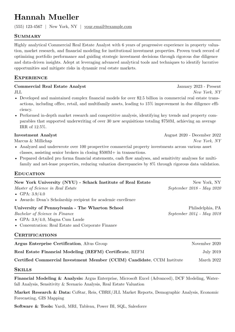 Commercial Real Estate Analyst Resume Example CV template preview