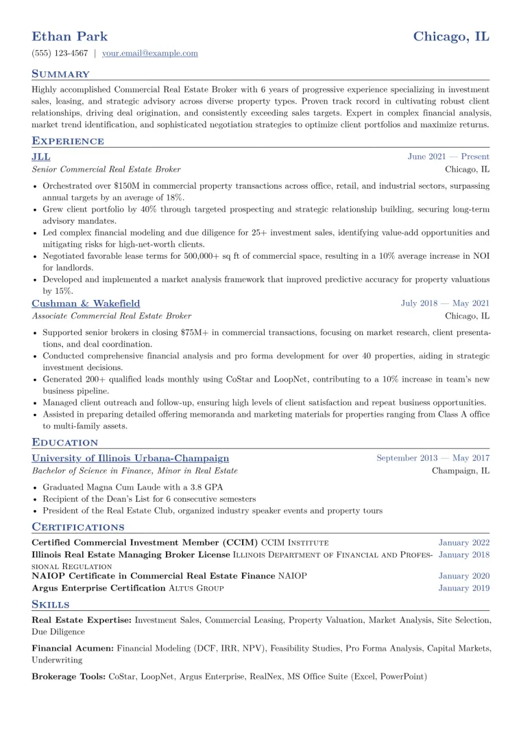 Commercial Real Estate Broker Resume Example CV template preview