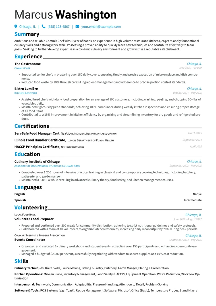 Commis Chef Resume Example CV template preview